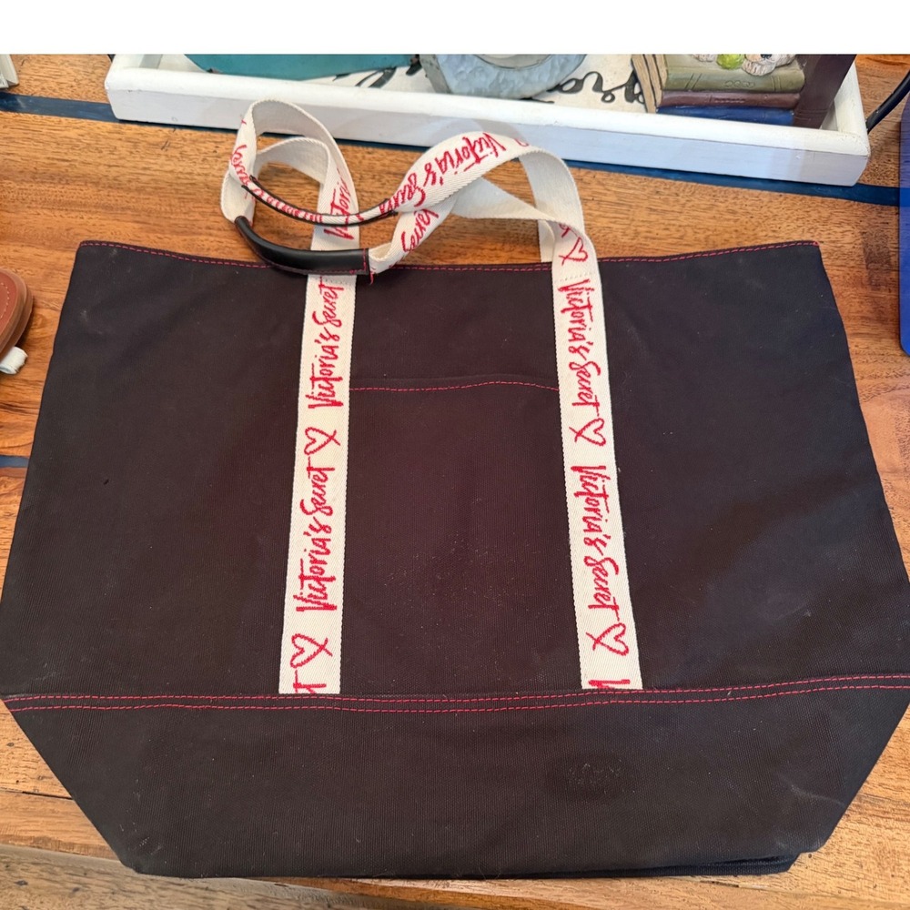 Victoria's Secret Black Canvas Tote Red Logo Script Handles Zip Top Beach Bag‎